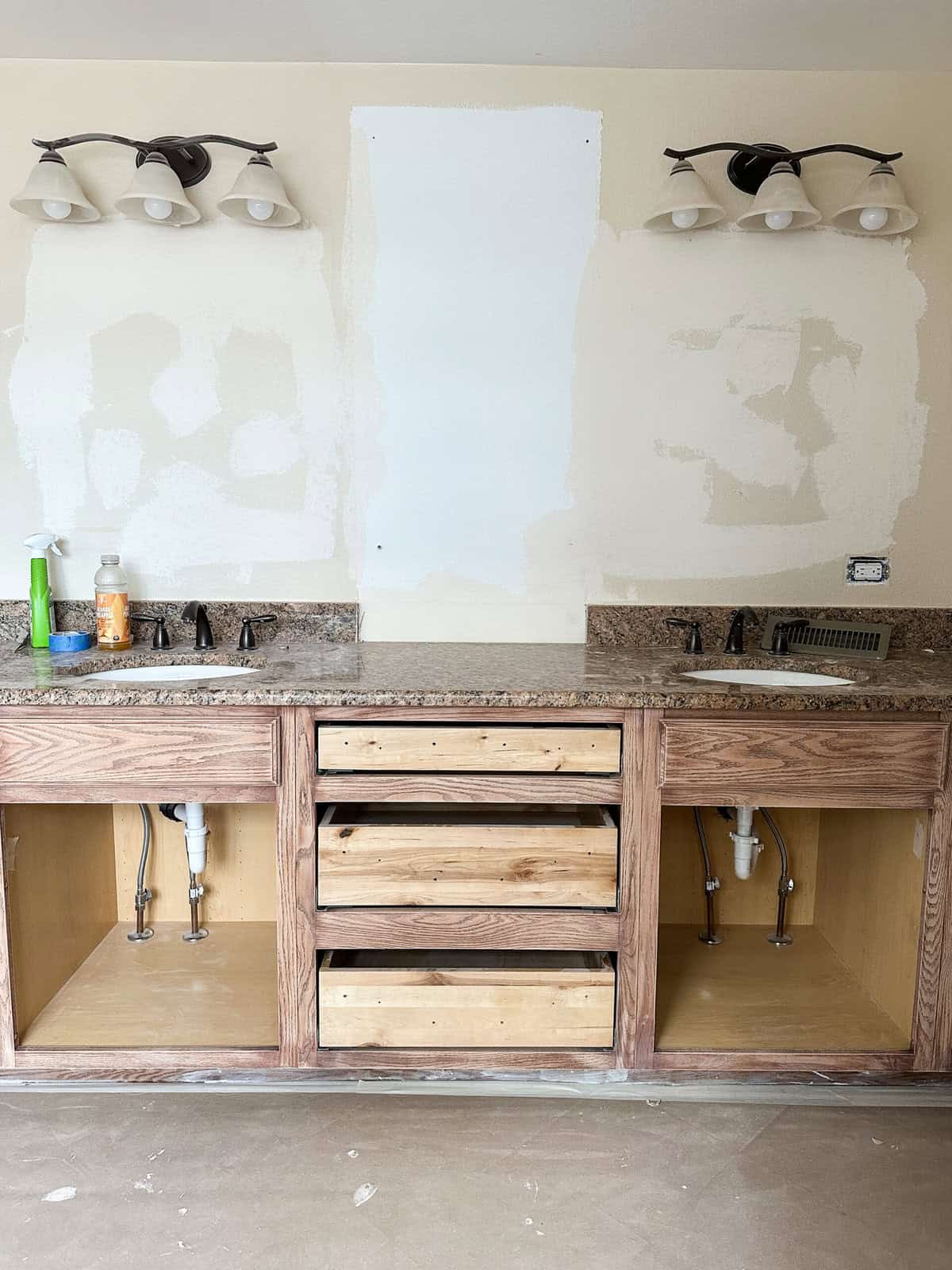 the primary bathroom vanity after sanding