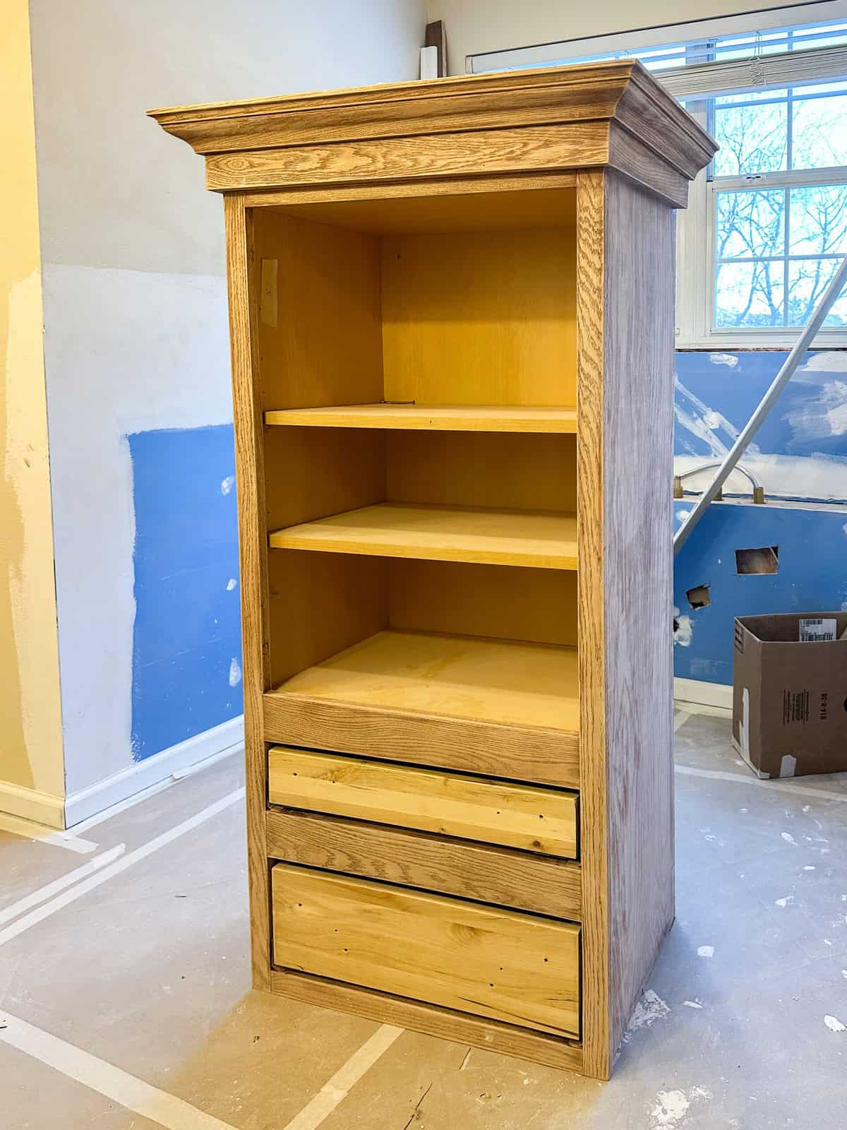 the top cabinet of the vanity after sanding