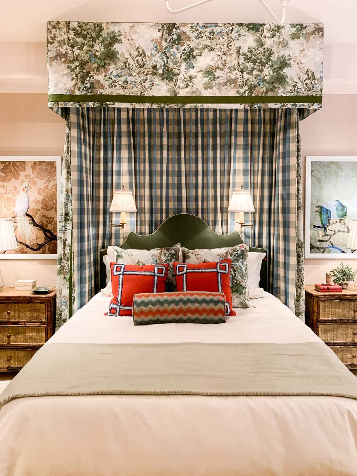 bedroom with plaid and botanical prints