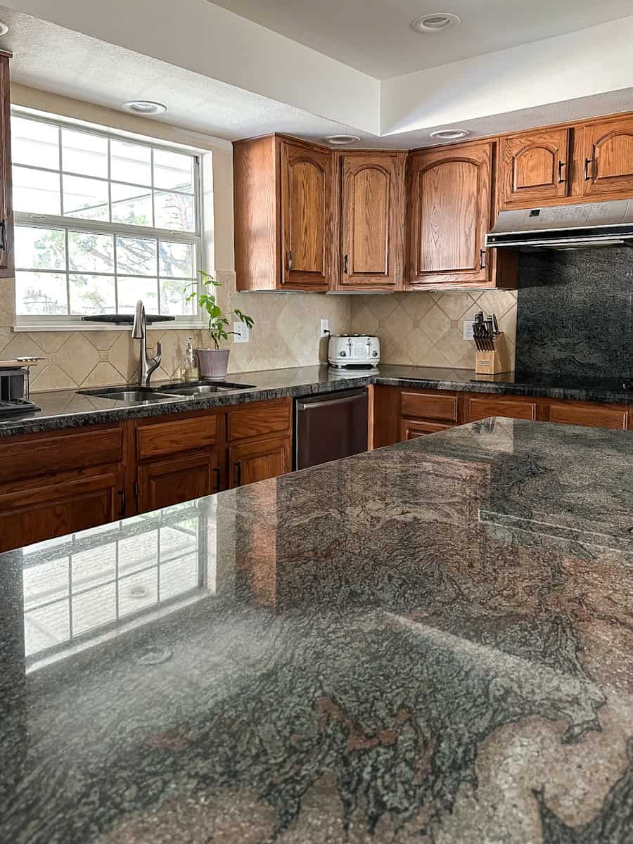 our existing kitchen with green countertops