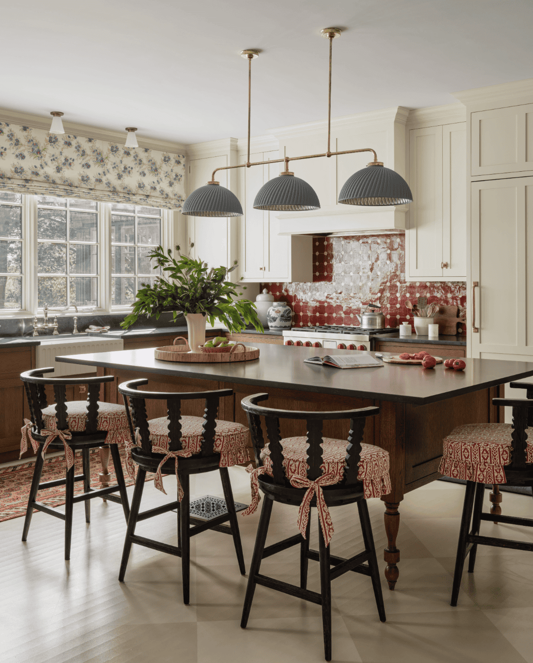 splash of red and blue in a neutral kitchen